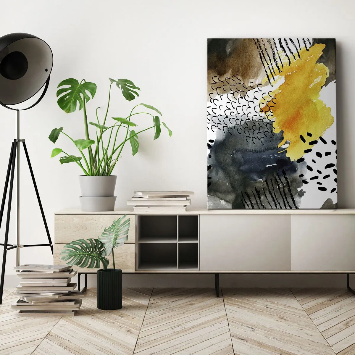Impression sur toile - Image sur toile - Une composition abstraite avec des accents jaunes et des motifs graphiques. - 50x70cm - Rencontre des éléments - Décoration murale moderne pour le salon et la chambre ARTTOR