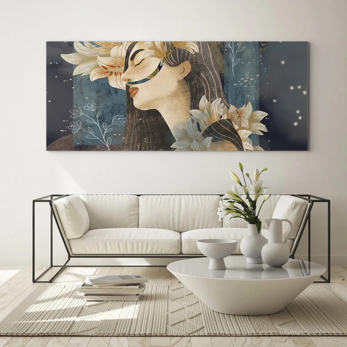 Impression sur verre - Image sur verre - Portrait d'une femme avec des fleurs dans un style artistique sur fond sombre - 120x50cm - Conte de fée sur la princesse lilas - Décoration murale moderne pour le salon et la chambre ARTTOR