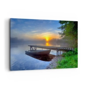Impression sur toile - Image sur toile - Une jetée au bord du lac au lever du soleil avec un bateau sur le rivage - 120x80cm - Comment l'ordinaire se transforme en magie - Décoration murale moderne pour le salon et la chambre ARTTOR