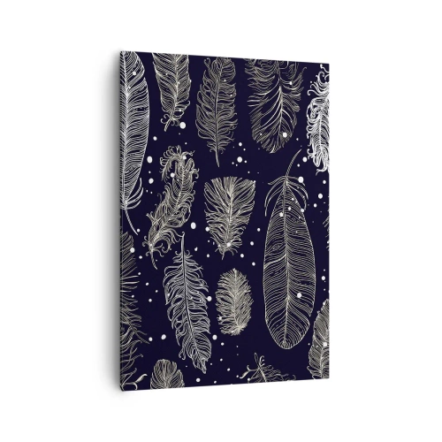 Impression sur toile - Image sur toile - Plumes blanches délicates sur fond bleu marine - 70x100cm - Toile de plumes - Décoration murale moderne pour le salon et la chambre ARTTOR