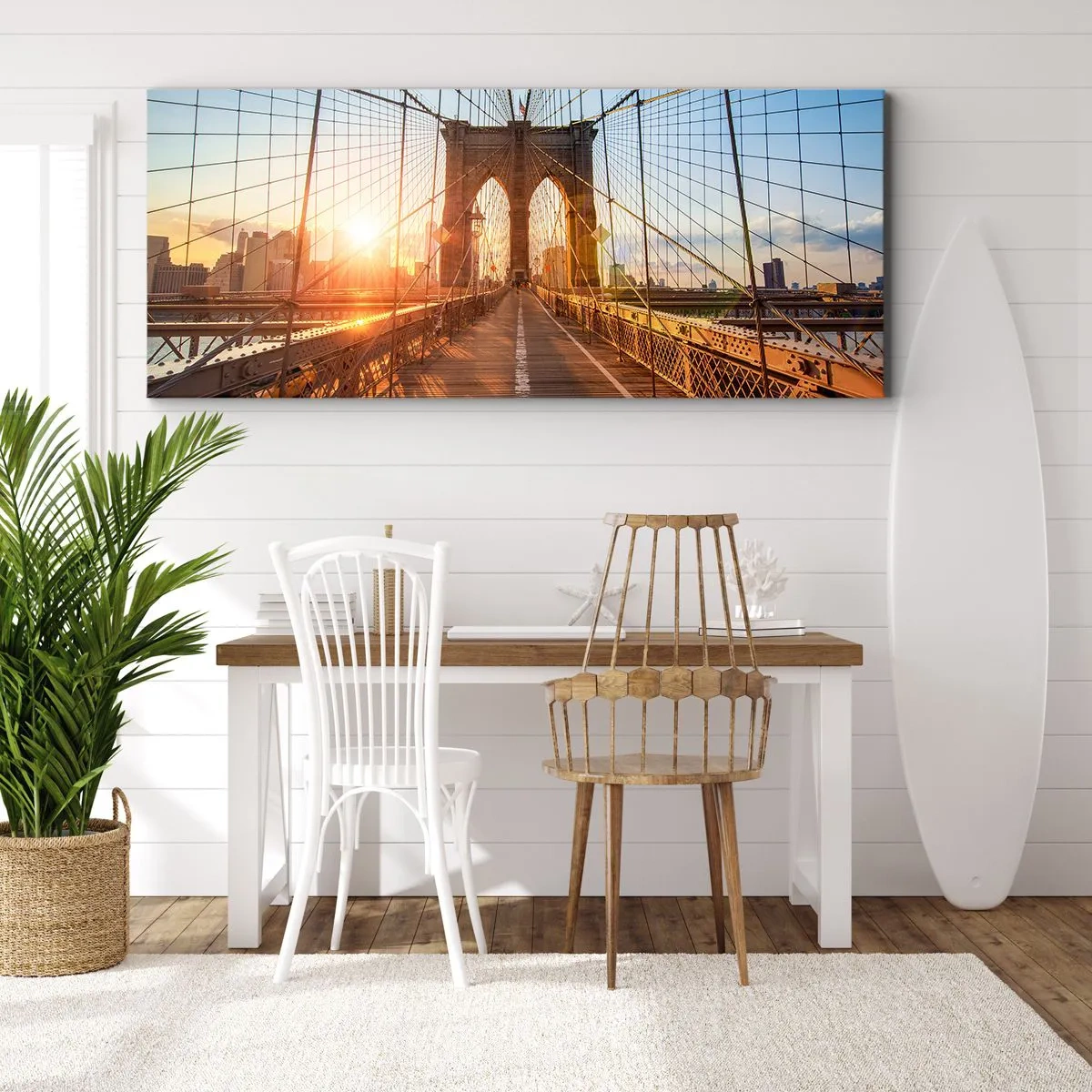 Impression sur toile - Image sur toile - Le pont à la lumière du soleil couchant avec vue sur la ville - 140x50cm - Sur le pont d'or - Décoration murale moderne pour le salon et la chambre ARTTOR