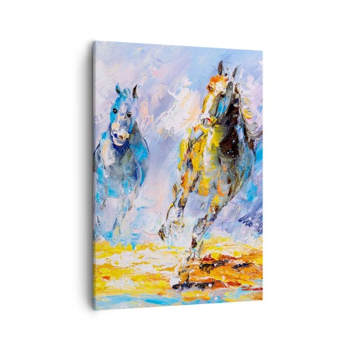 Impression sur toile - Image sur toile - Deux chevaux en mouvement sur fond de paysage abstrait - 50x70cm - À travers l'éblouissement du galop - Décoration murale moderne pour le salon et la chambre ARTTOR