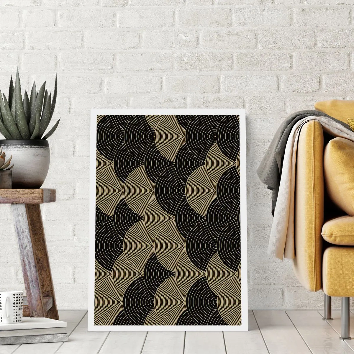 Affiche - Poster - Motif abstrait en cercles noirs et dorés - 50x70cm - Unité dans la multiplicité - Décoration murale moderne pour le salon et la chambre ARTTOR