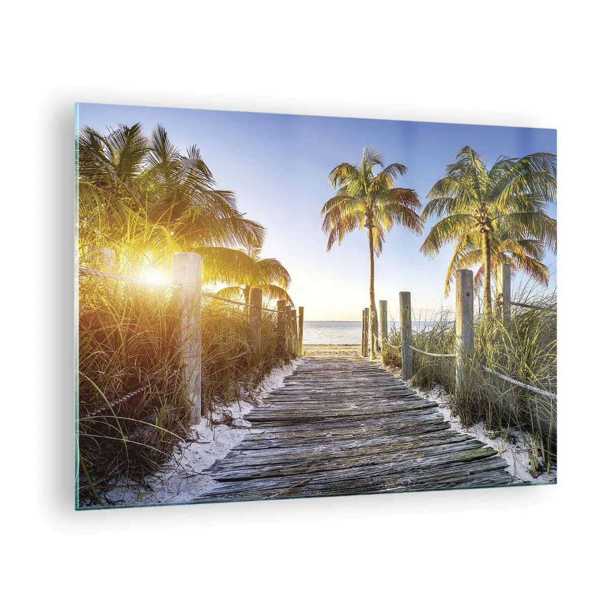 Impression sur verre - Image sur verre - Chemin en bois sur la plage entouré de palmiers - 70x50cm - Directement au paradis - Décoration murale moderne pour le salon et la chambre ARTTOR
