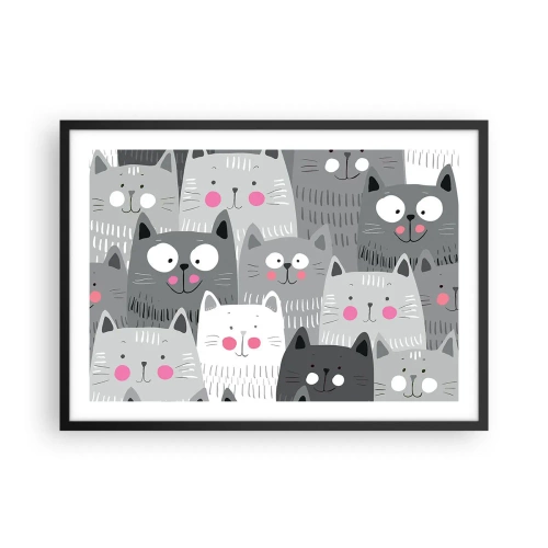 Affiche dans un cadre noir - Poster - Un motif amusant avec des chats dans des tons de gris - 70x50cm - Le monde des chats - Décoration murale moderne pour le salon et la chambre ARTTOR