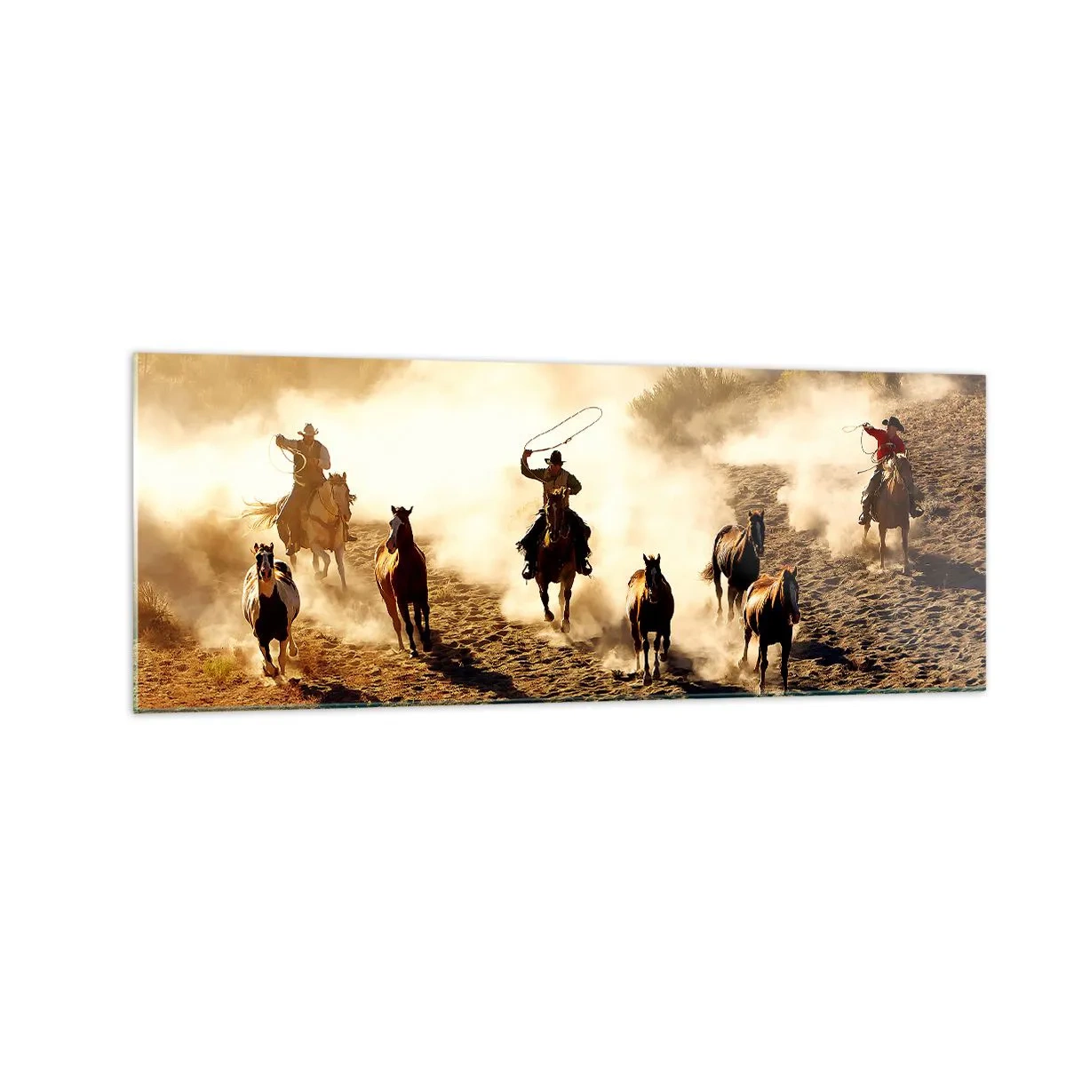 Impression sur verre - Image sur verre - Cowboys à cheval en action sur un terrain désertique - 140x50cm - L'ouest vraiment sauvage - Décoration murale moderne pour le salon et la chambre ARTTOR