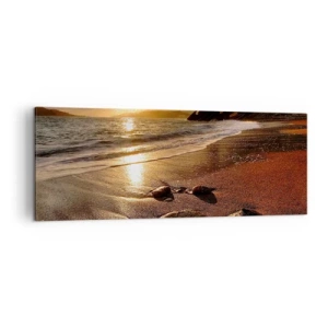 Impression sur toile - Image sur toile - Plage au coucher du soleil avec des pierres sur le rivage - 140x50cm - Suivez le soleil sur les collines - Décoration murale moderne pour le salon et la chambre ARTTOR