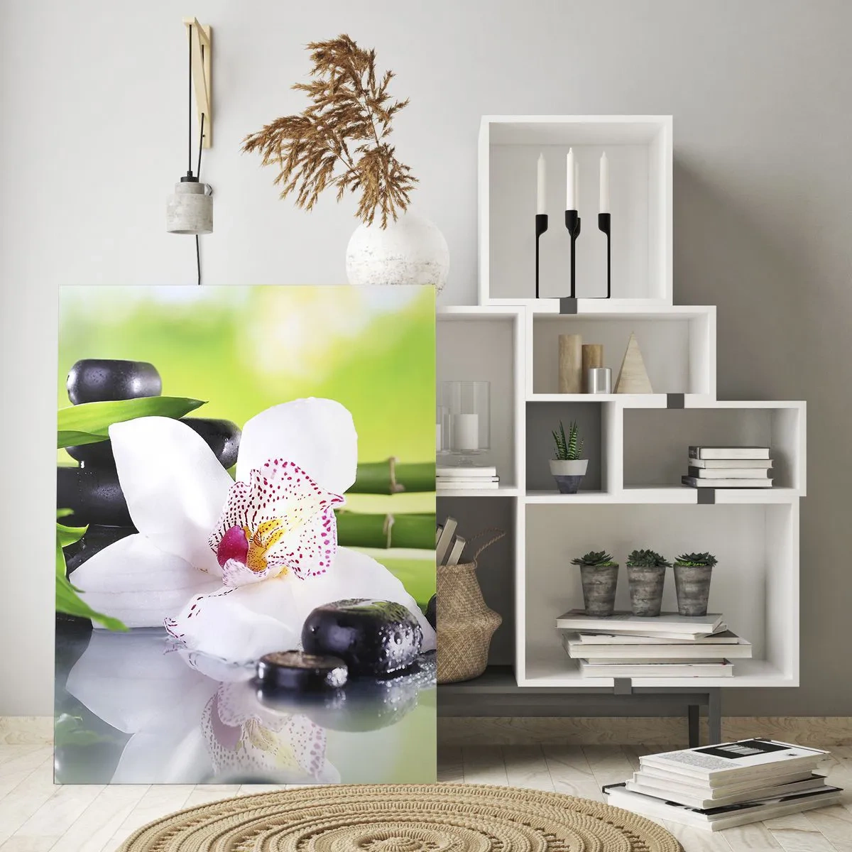 Impression sur verre - Image sur verre - Orchidée, bambou et pierres noires sur fond vert - 50x70cm - Raffraîchissement de fraîcheur - Décoration murale moderne pour le salon et la chambre ARTTOR
