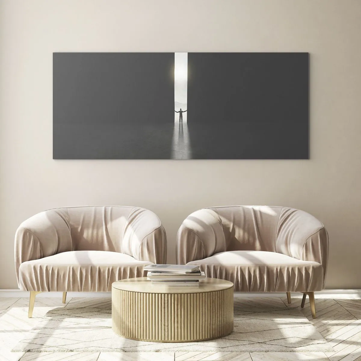 Impression sur verre - Image sur verre - Un homme debout dans la lumière d'une fente étroite dans un espace sombre - 120x50cm - Étape vers un avenir radieux - Décoration murale moderne pour le salon et la chambre ARTTOR