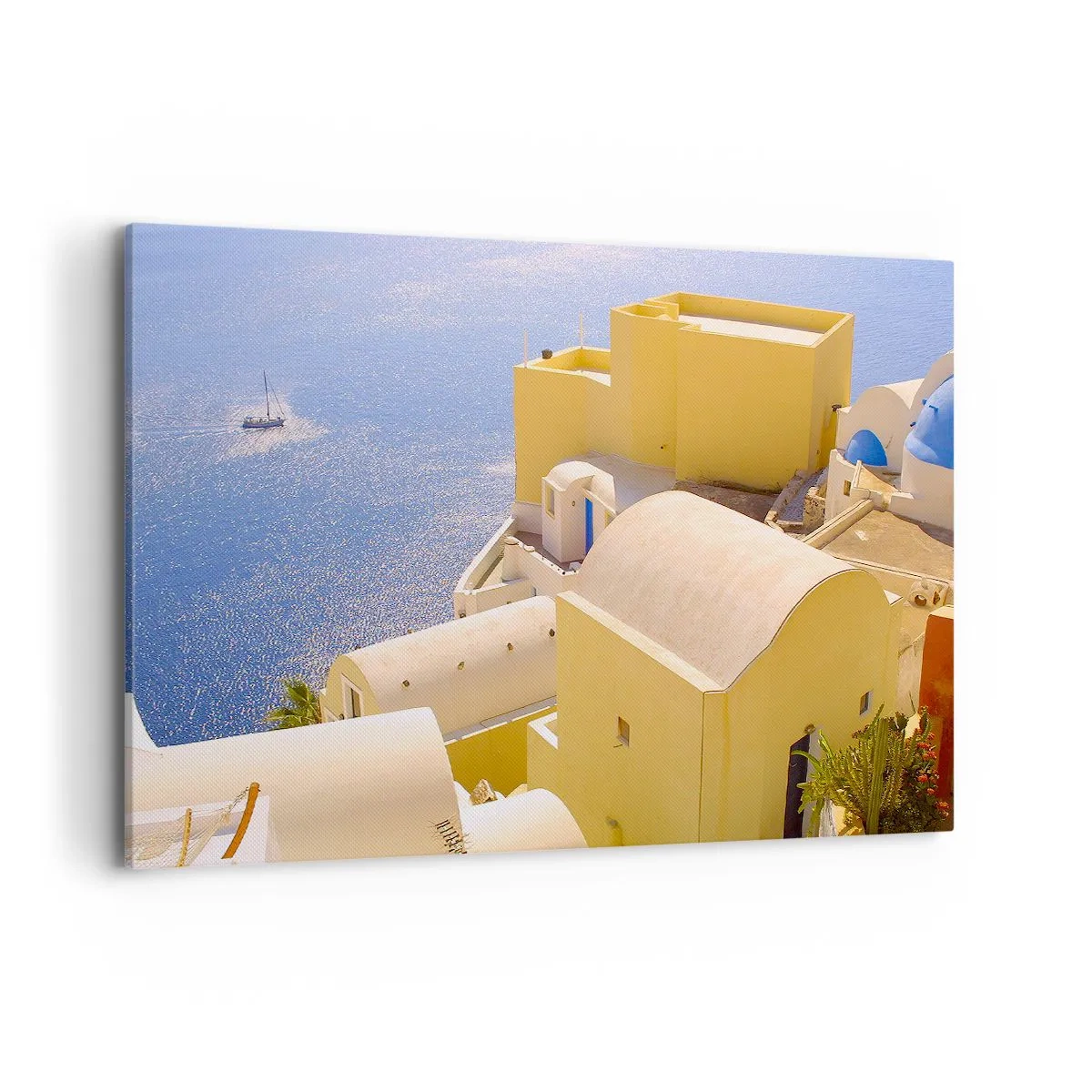 Impression sur toile - Image sur toile - Architecture grecque avec vue sur la mer et un bateau en arrière-plan - 100x70cm - Paysage grec en blanc et bleu ciel - Décoration murale moderne pour le salon et la chambre ARTTOR