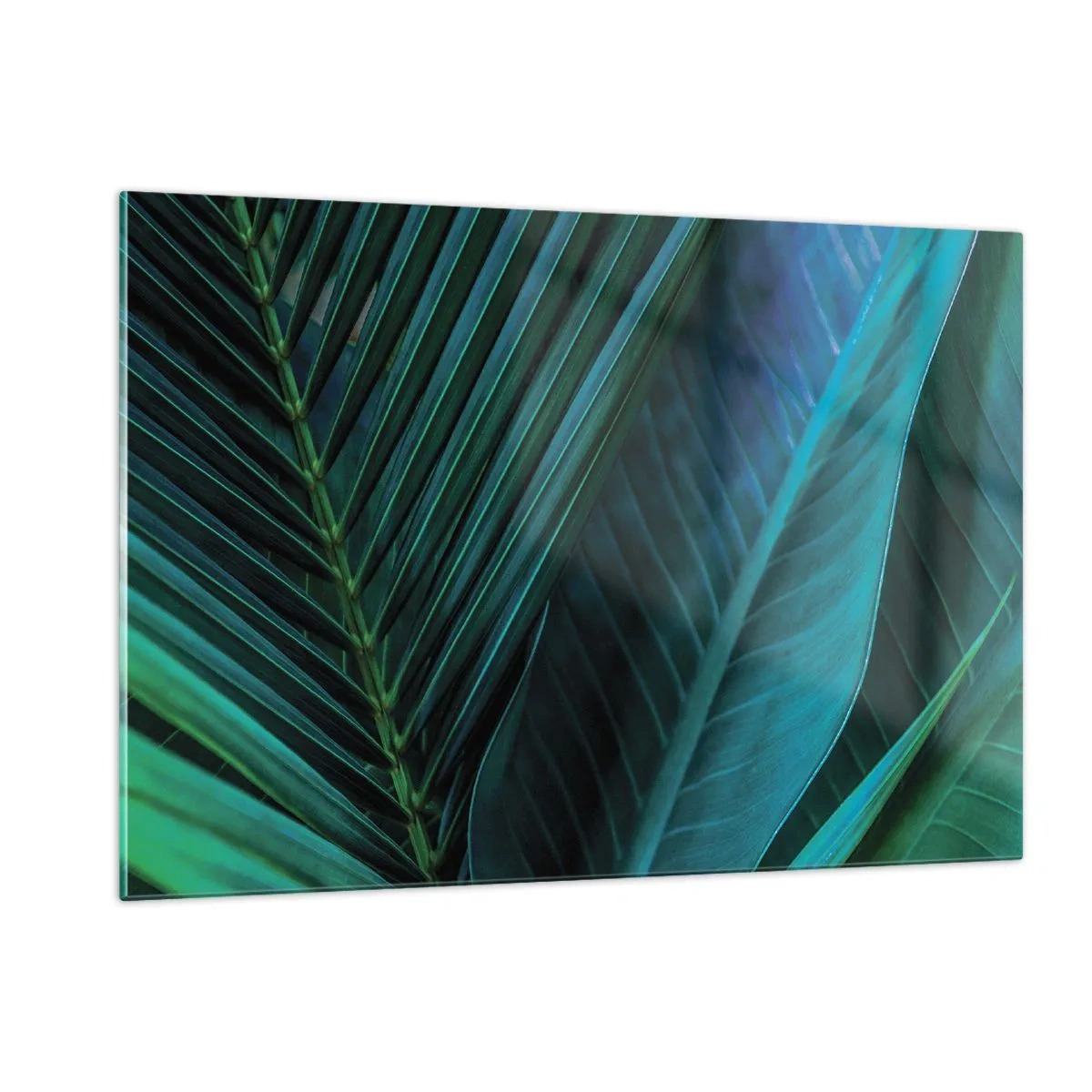 Impression sur verre - Image sur verre - Détails des feuilles tropicales vert foncé - 120x80cm - L'anatomie du vert - Décoration murale moderne pour le salon et la chambre ARTTOR