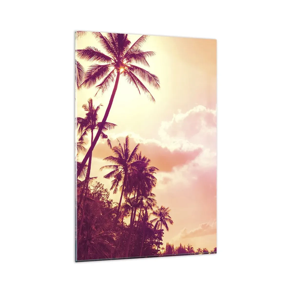 Impression sur verre - Image sur verre - Palmiers illuminés par le soleil couchant dans un ciel tropical - 80x120cm - Tu dois choisir - Décoration murale moderne pour le salon et la chambre ARTTOR