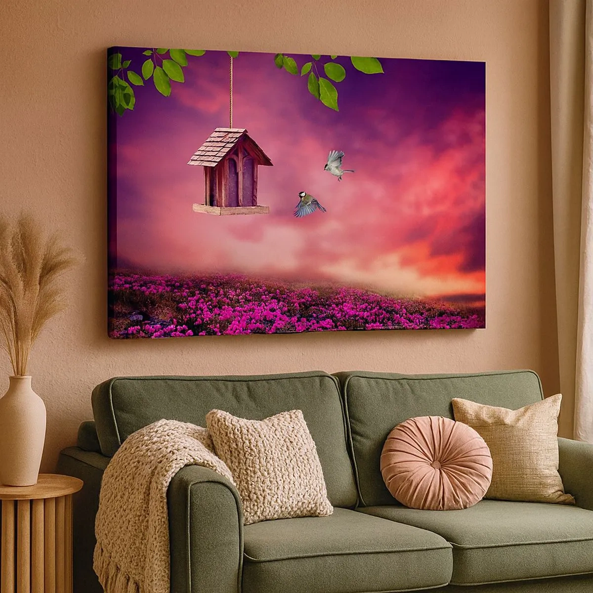 Impression sur toile - Image sur toile - Un paysage pittoresque avec un nichoir et un coucher de soleil - 70x50cm - Invitation à dîner - Décoration murale moderne pour le salon et la chambre ARTTOR
