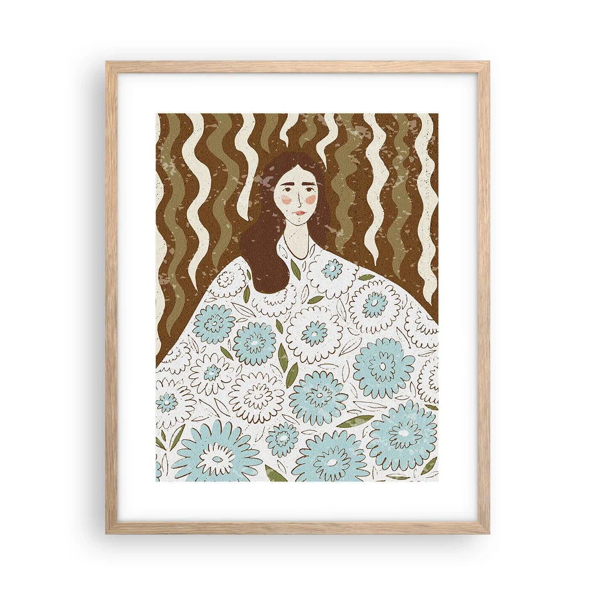 Affiche dans un chêne clair - Poster - Portrait en robe fleurie - 40x50 cm