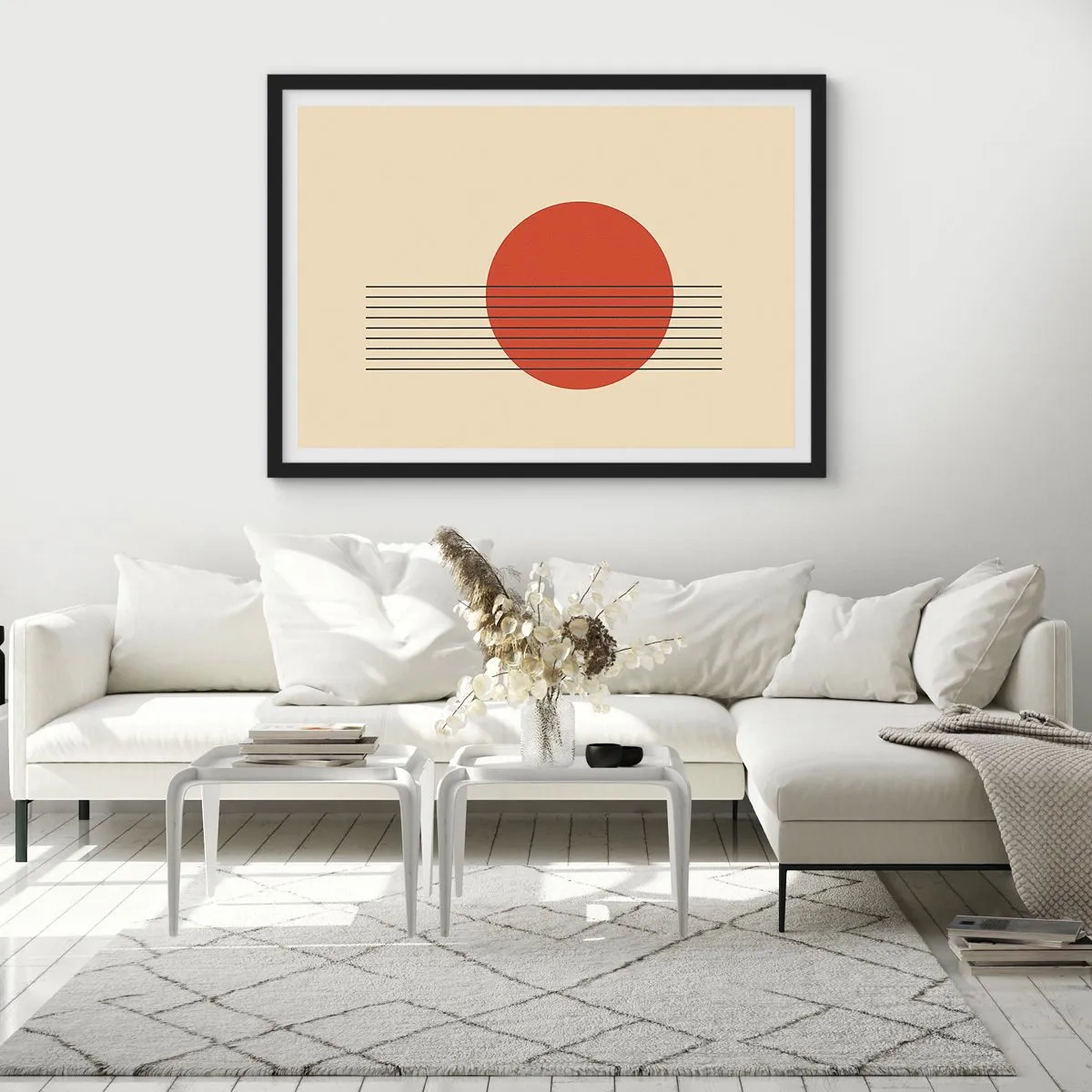 Affiche dans un cadre noir - Poster - Cercle rouge abstrait avec des lignes sur fond beige. - 100x70cm - Aux alentours et plus loin - Décoration murale moderne pour le salon et la chambre ARTTOR