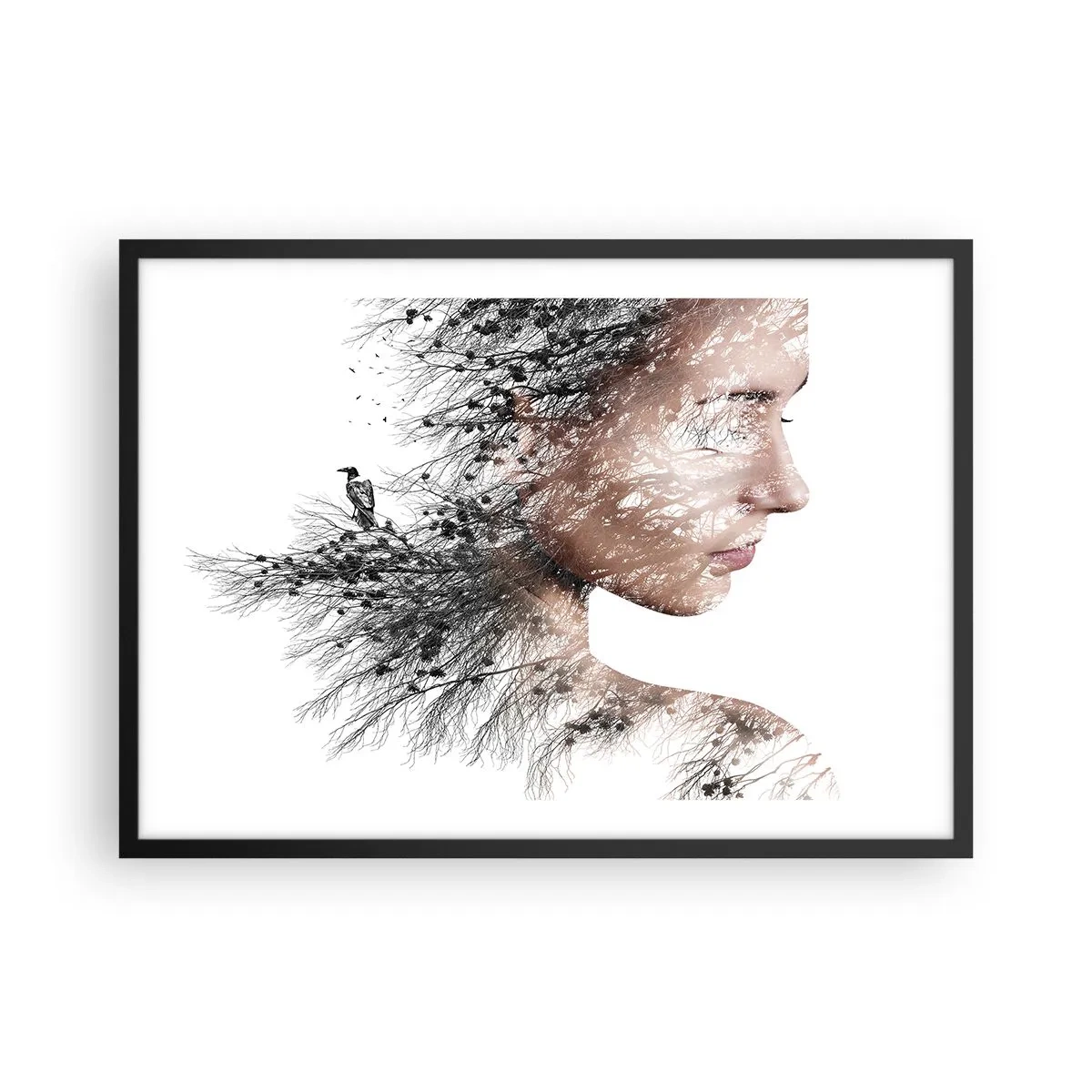 Affiche dans un cadre noir - Poster - Silhouette d'une femme avec un motif de branche et d'oiseau en arrière-plan - 70x50cm - L'âme de la forêt - Décoration murale moderne pour le salon et la chambre ARTTOR