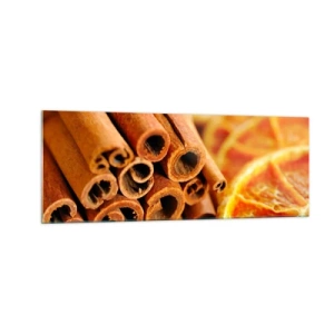 Impression sur verre - Image sur verre - Bâtons de cannelle avec des tranches d'orange séchées aux couleurs chaudes - 140x50cm - Sentez-vous leurs odeurs? - Décoration murale moderne pour le salon et la chambre ARTTOR
