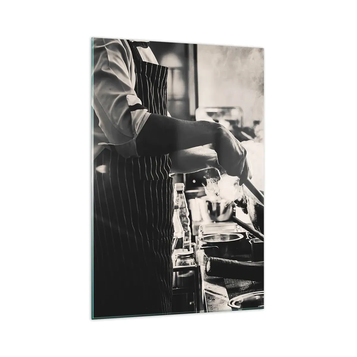 Impression sur verre - Image sur verre - Un chef au travail dans la cuisine avec de la vapeur s'élevant d'une poêle à frire - 70x100cm - Alchimie des saveurs - Décoration murale moderne pour le salon et la chambre ARTTOR