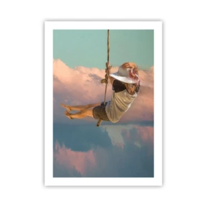 Affiche - Poster - Une femme sur une balançoire parmi des nuages pastel - 50x70cm - S'amuser dans les nuages - Décoration murale moderne pour le salon et la chambre ARTTOR