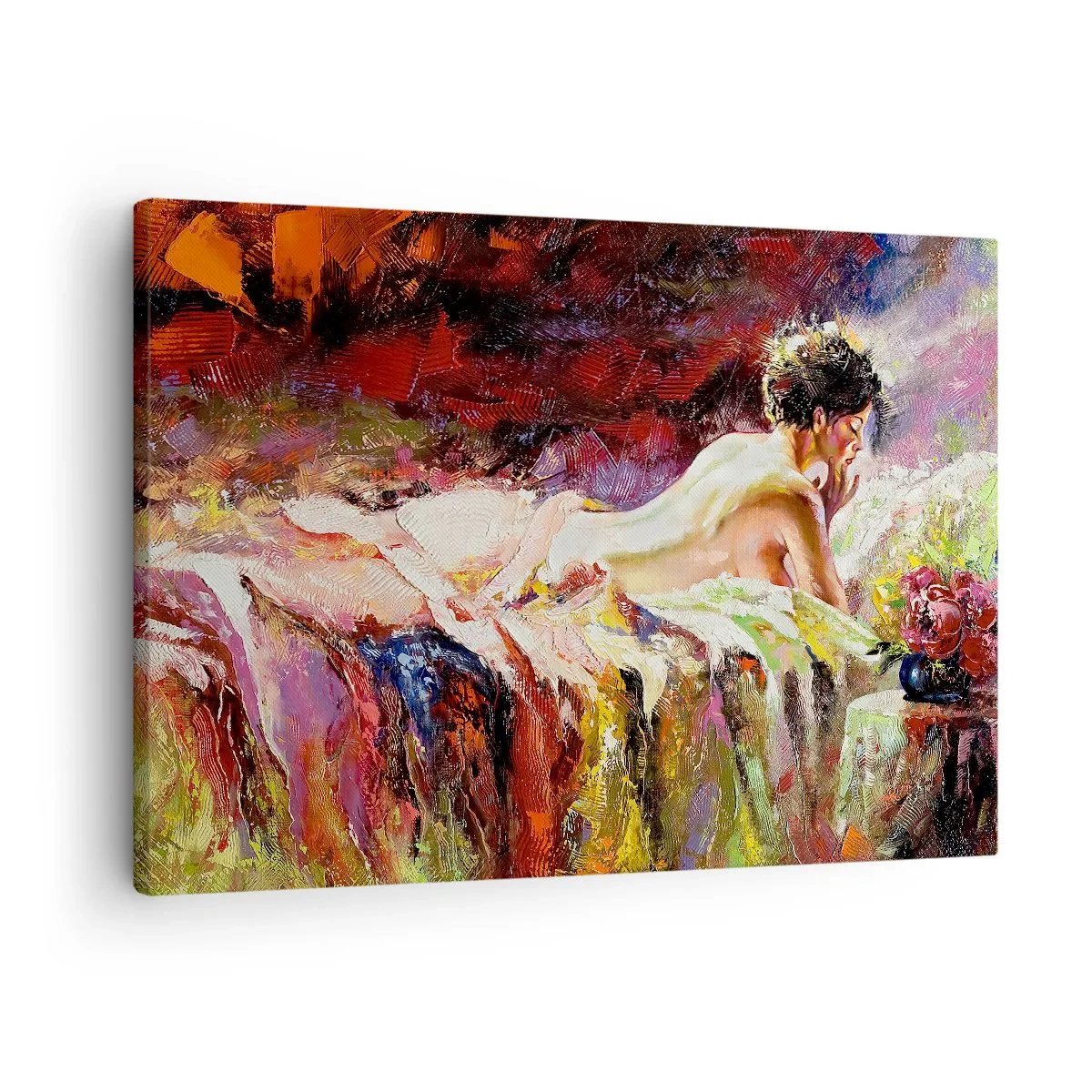 Impression sur toile - Image sur toile - Une femme allongée sur un lit sur un fond de couleurs abstraites. - 70x50cm - Vénus en pensée - Décoration murale moderne pour le salon et la chambre ARTTOR
