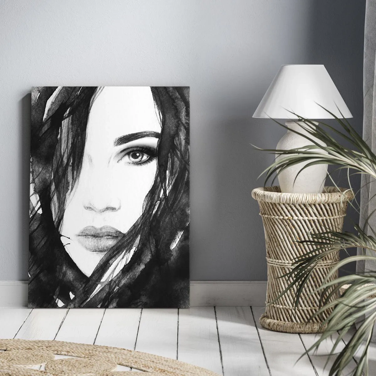 Impression sur toile - Image sur toile - Portrait de femme à l'aquarelle noir et blanc - 50x70cm - Portrait d'une dame en noir et blanc - Décoration murale moderne pour le salon et la chambre ARTTOR