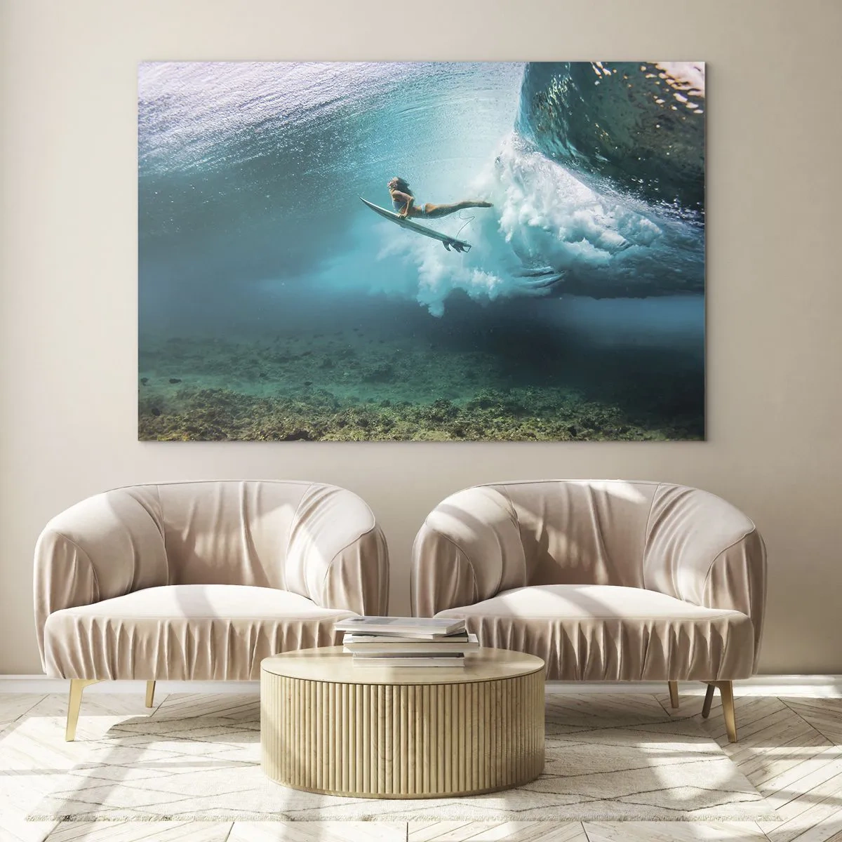 Impression sur verre - Image sur verre - Surfeur sous l'eau parmi les vagues avec une planche de surf - 100x70cm - Monde sous marin - Décoration murale moderne pour le salon et la chambre ARTTOR