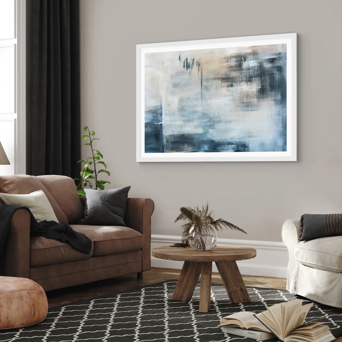 Affiche dans un cadre blanc - Poster - Derrière le rideau bleu - 91x61 cm