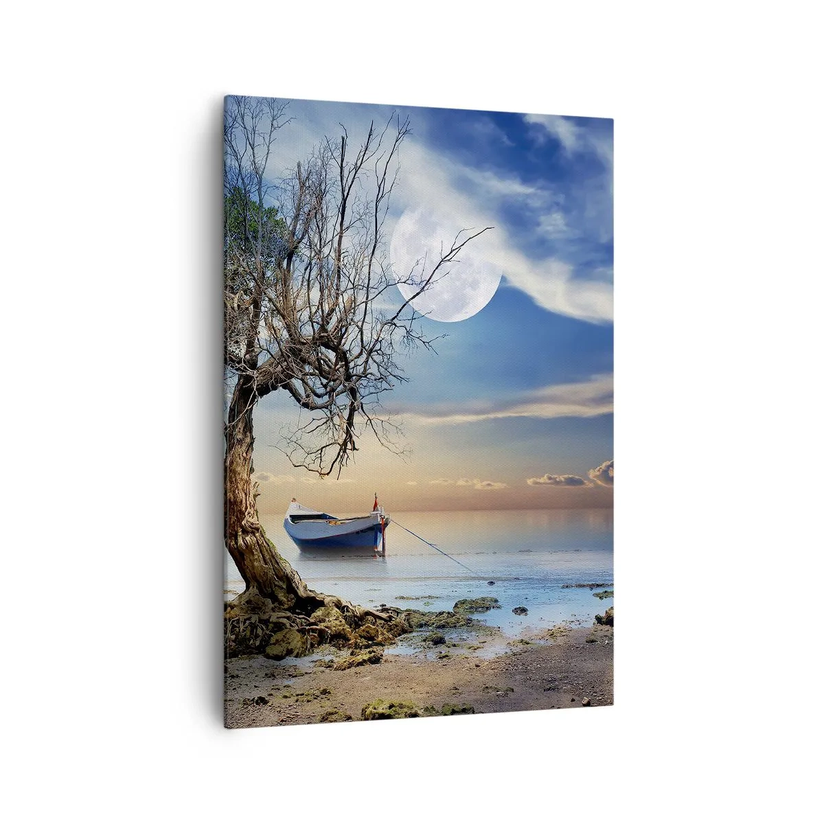 Impression sur toile - Image sur toile - Un arbre solitaire et un bateau sur une eau calme sous la pleine lune. - 70x100cm - Est-ce la fin ou le début ? - Décoration murale moderne pour le salon et la chambre ARTTOR