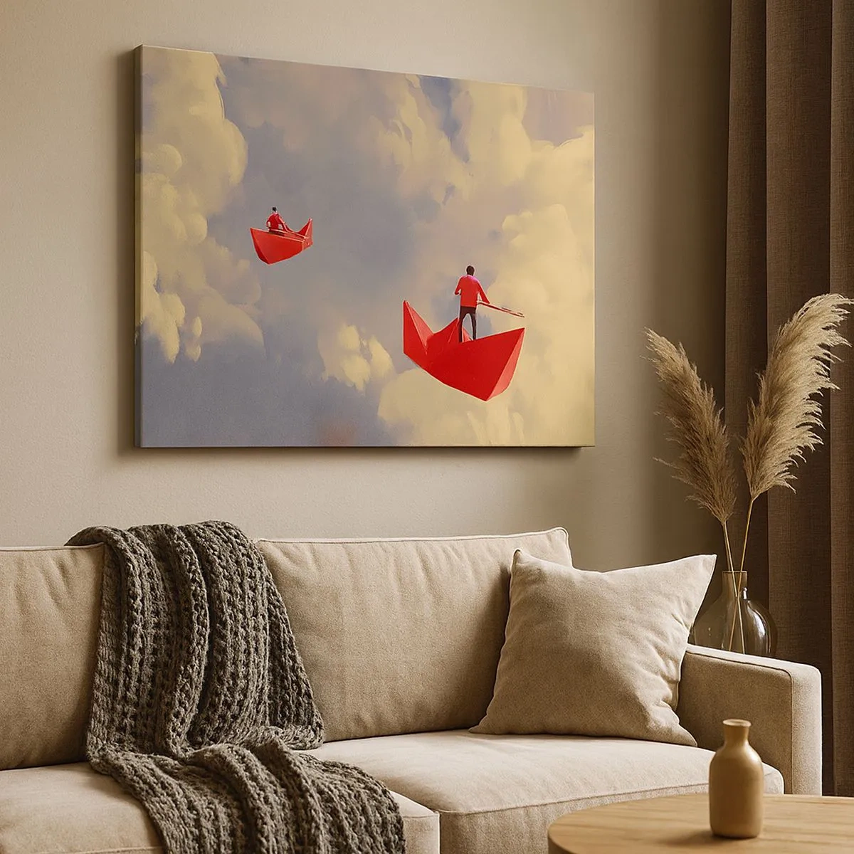 Impression sur toile - Image sur toile - Bateaux en papier rouges flottant dans les nuages - 70x50cm - Expédition des Rêveurs - Décoration murale moderne pour le salon et la chambre ARTTOR
