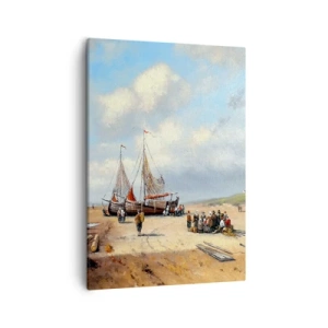 Impression sur toile - Image sur toile - Bateaux de pêche sur la plage avec des figures humaines - 50x70cm - Après une capture réussie - Décoration murale moderne pour le salon et la chambre ARTTOR