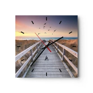 Horloge murale - Pendule murale - Jetée en bois menant à la plage au coucher du soleil - 30x30cm - Envol des espaces - Décoration murale moderne pour le salon et la chambre ARTTOR