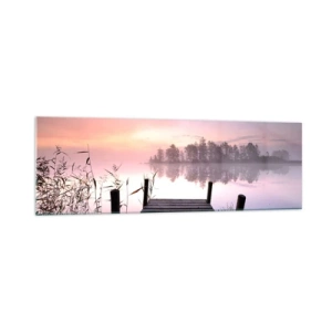 Impression sur verre - Image sur verre - Une jetée au bord du lac à l'aube avec du brouillard et un ciel pastel - 160x50cm - De la brume lilas… - Décoration murale moderne pour le salon et la chambre ARTTOR