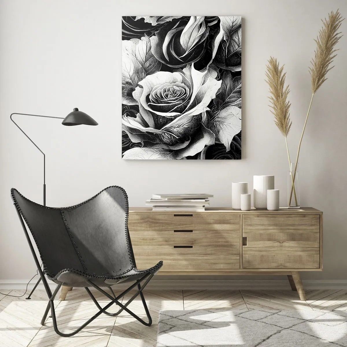 Impression sur verre - Image sur verre - Roses noires et blanches dans une composition élégante - 70x100cm - Toujours une reine - Décoration murale moderne pour le salon et la chambre ARTTOR