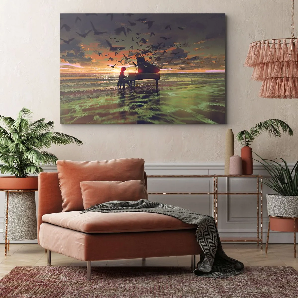 Impression sur toile - Image sur toile - Un piano au bord de la mer au coucher du soleil avec des oiseaux - 120x80cm - Concert pour piano et vagues - Décoration murale moderne pour le salon et la chambre ARTTOR