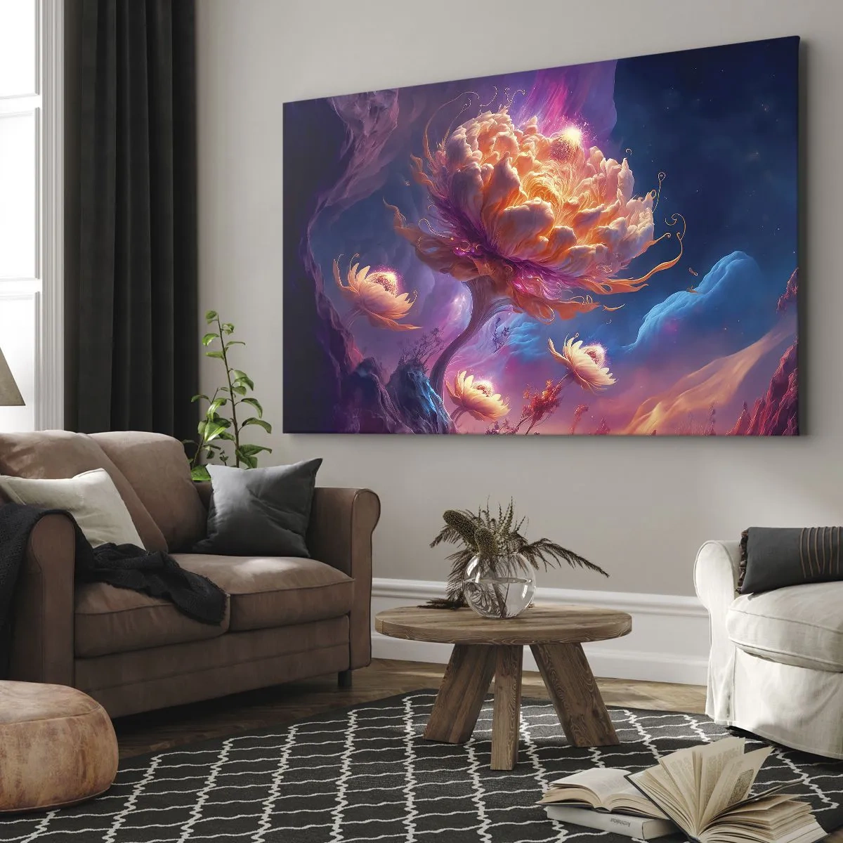 Impression sur toile - Image sur toile - Fleurs fantastiques dans un paysage cosmique - 100x70cm - Un autre monde - Décoration murale moderne pour le salon et la chambre ARTTOR