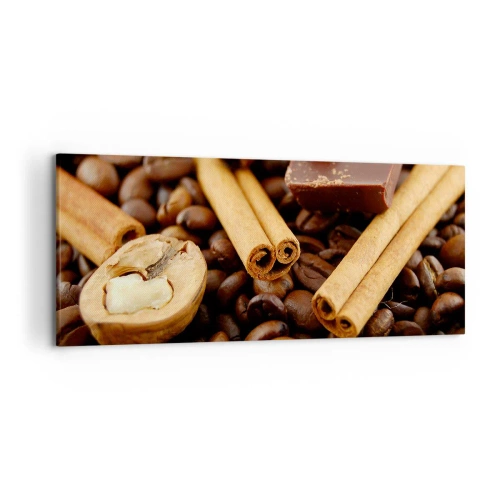 Impression sur toile - Image sur toile - Grains de café avec bâtons de cannelle, chocolat et noix. - 120x50cm - Concert d'aromates - Décoration murale moderne pour le salon et la chambre ARTTOR