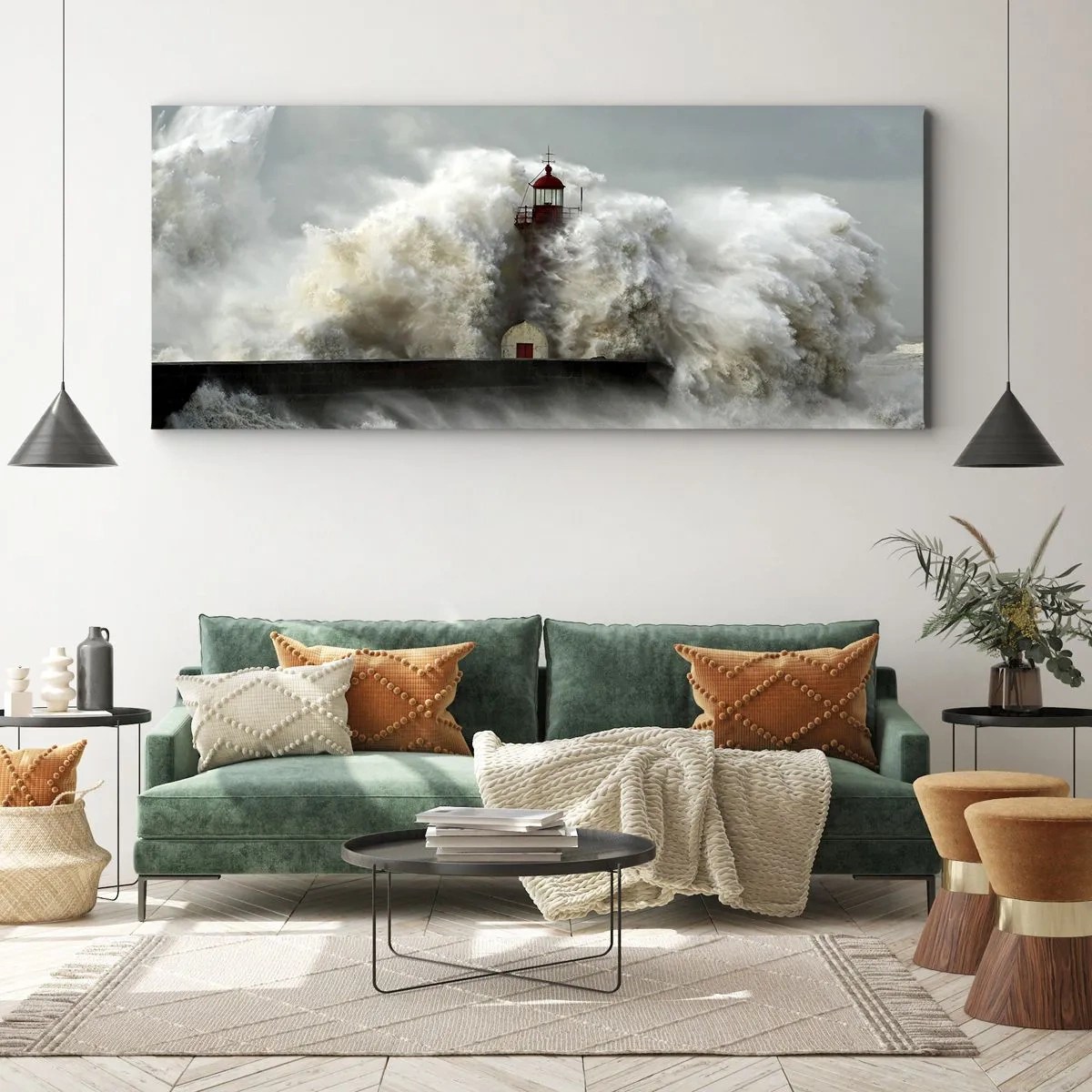 Impression sur toile - Image sur toile - Un phare entouré de vagues violentes pendant une tempête - 120x50cm - La colère de l'océan - Décoration murale moderne pour le salon et la chambre ARTTOR