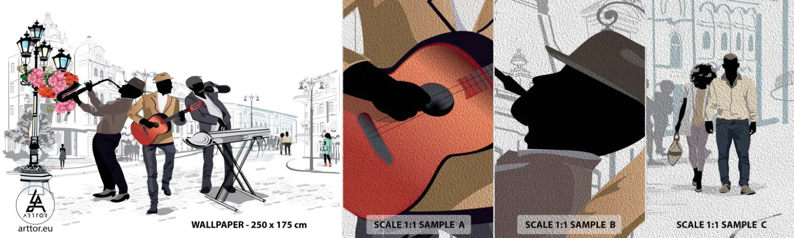 Échantillon de Papier Peint Premium Sand - Musique de rue - Musique, Guitare, Groupe - 100x30 cm