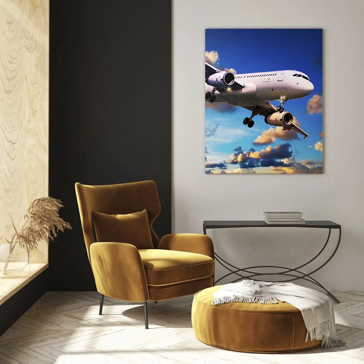Impression sur verre - Image sur verre - Un avion de ligne contre les nuages au coucher du soleil - 70x100cm - Un voyage en blanc et bleu ciel - Décoration murale moderne pour le salon et la chambre ARTTOR