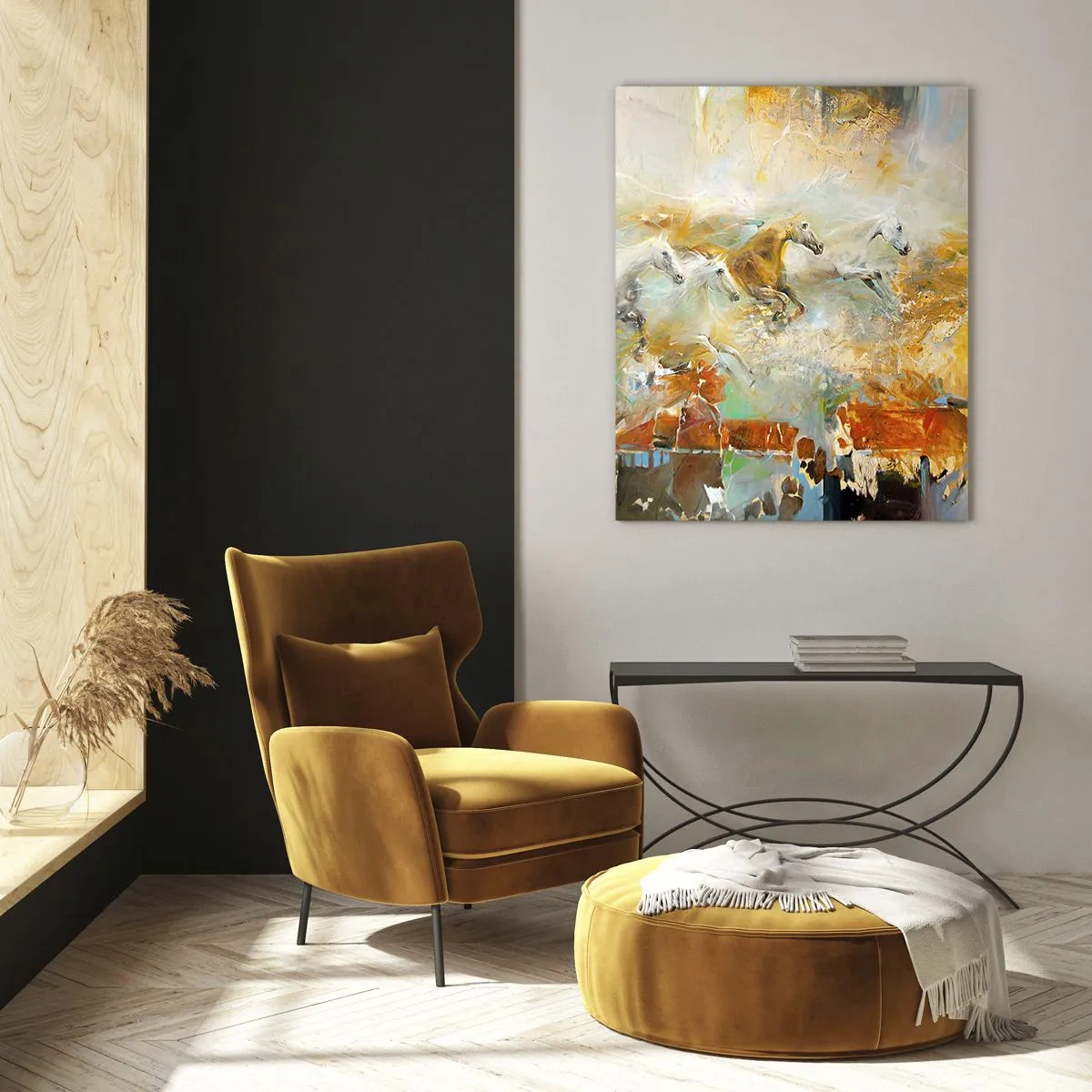 Impression sur verre - Image sur verre - Chevaux abstraits en mouvement dynamique - 50x70cm - Au galop vers la lumière - Décoration murale moderne pour le salon et la chambre ARTTOR