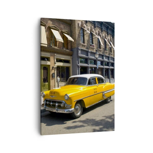 Impression sur toile - Image sur toile - Un taxi jaune dans une rue bordée d'immeubles - 50x70cm - Il y a longtemps en Amérique - Décoration murale moderne pour le salon et la chambre ARTTOR