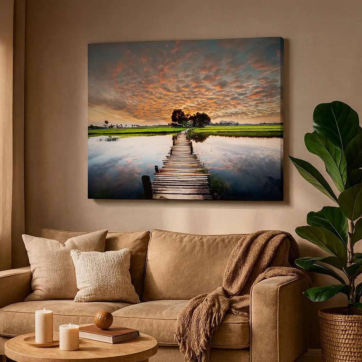 Impression sur toile - Image sur toile - Pont en bois sur l'eau au coucher du soleil - 70x50cm - Étendez vos bras - respirez - Décoration murale moderne pour le salon et la chambre ARTTOR