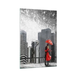Impression sur verre - Image sur verre - Un couple en rouge avec un parapluie sur fond de paysage urbain - 70x100cm - L'homme n'est pas une pierre - Décoration murale moderne pour le salon et la chambre ARTTOR
