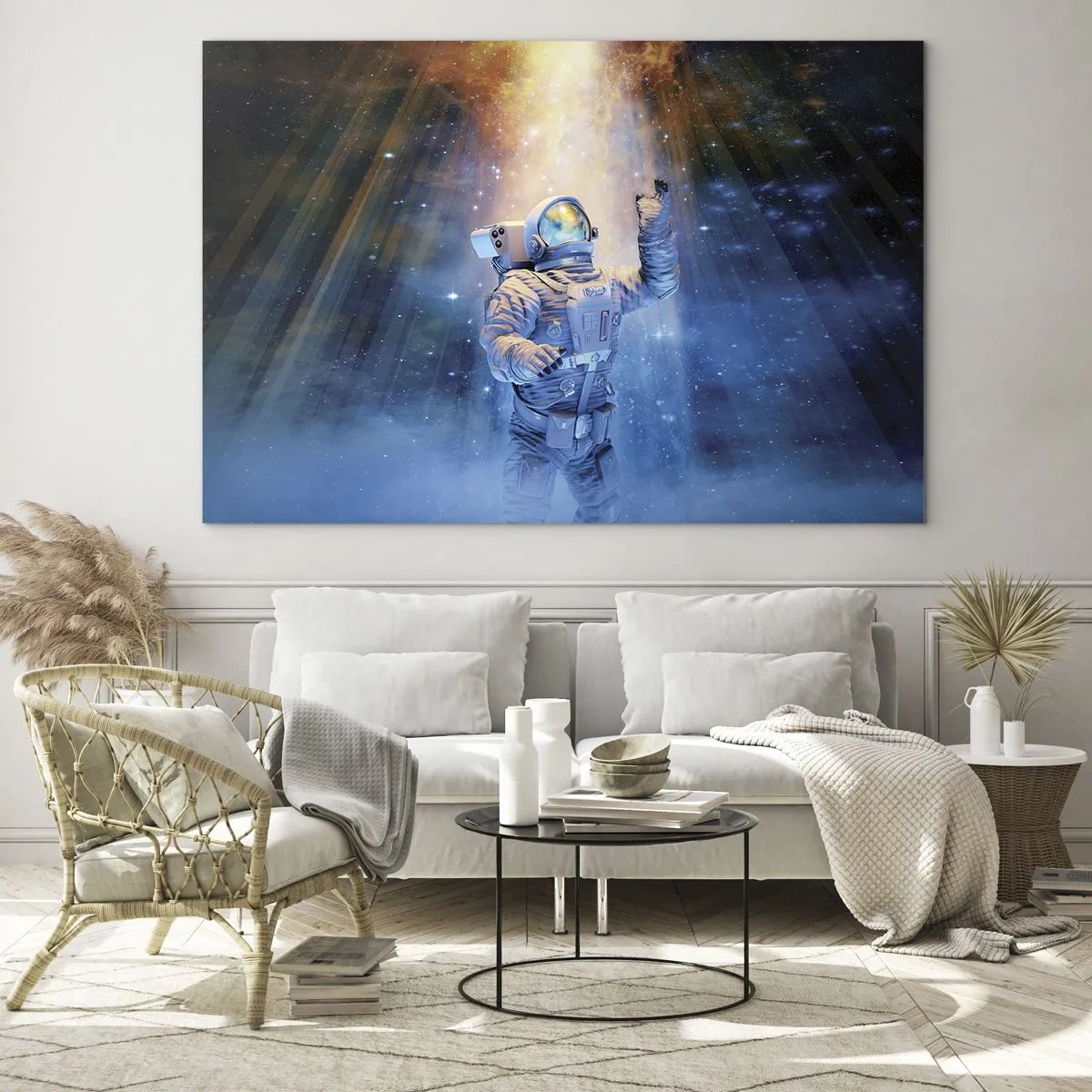 Impression sur verre - Image sur verre - Un astronaute dans l'espace illuminé par des rayons de lumière - 70x50cm - Enfin arrivé - Décoration murale moderne pour le salon et la chambre ARTTOR