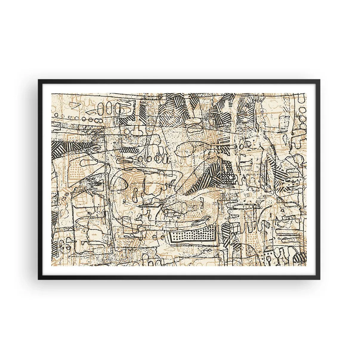 Affiche dans un cadre noir - Poster - Motifs abstraits et lignes sur fond beige - 100x70cm - Il attend d'être décodé - Décoration murale moderne pour le salon et la chambre ARTTOR