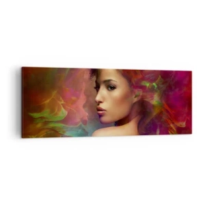 Impression sur toile - Image sur toile - Une femme aux reflets colorés créant un arrière-plan abstrait - 140x50cm - Plus beau qu'un arc-en-ciel, aussi délicat qu'un brouillard - Décoration murale moderne pour le salon et la chambre ARTTOR