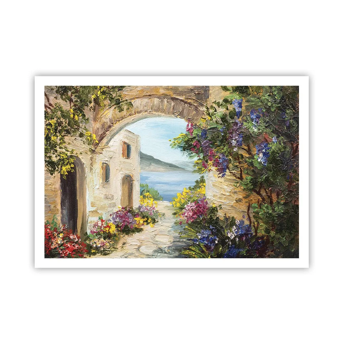 Affiche - Poster - Paysage de bord de mer avec des bâtiments en pierre et des fleurs - 100x70cm - Le charme d'une province côtière - Décoration murale moderne pour le salon et la chambre ARTTOR