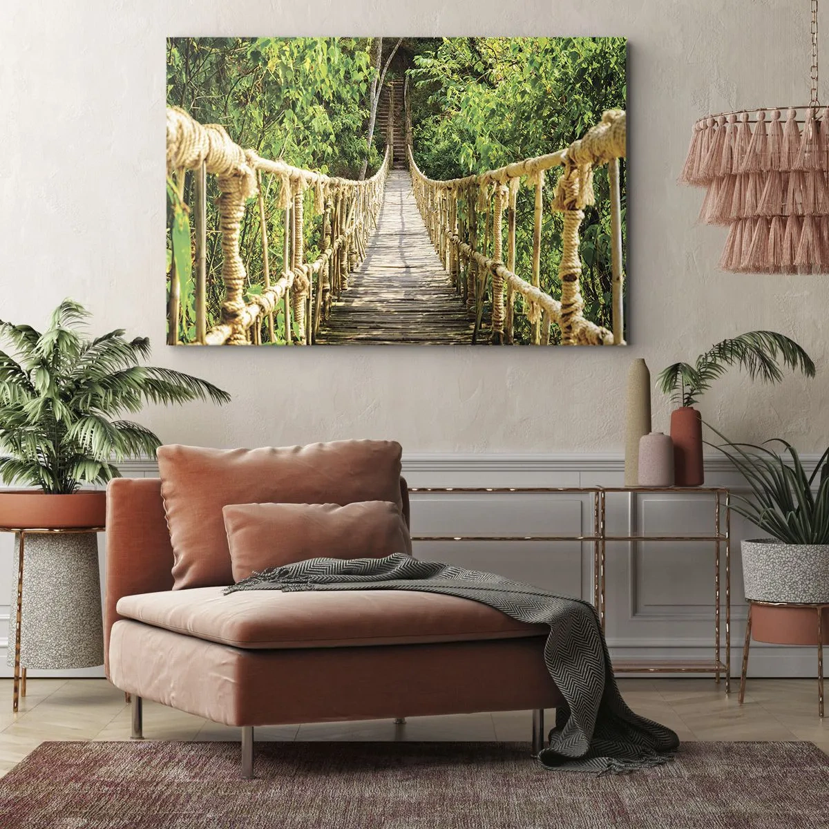 Impression sur toile - Image sur toile - Un pont suspendu dans une forêt tropicale pleine de verdure - 120x80cm - Suspendu dans la nature - Décoration murale moderne pour le salon et la chambre ARTTOR
