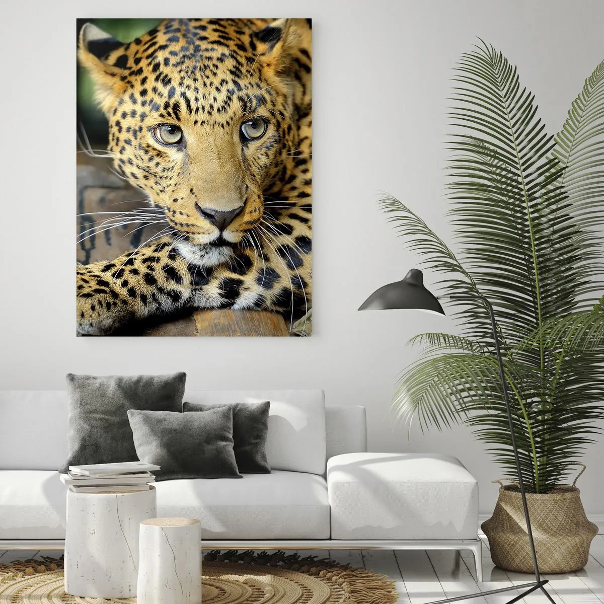 Impression sur verre - Image sur verre - Léopard se reposant sur une surface en bois - 50x70cm - N'aie pas peur, viens - Décoration murale moderne pour le salon et la chambre ARTTOR
