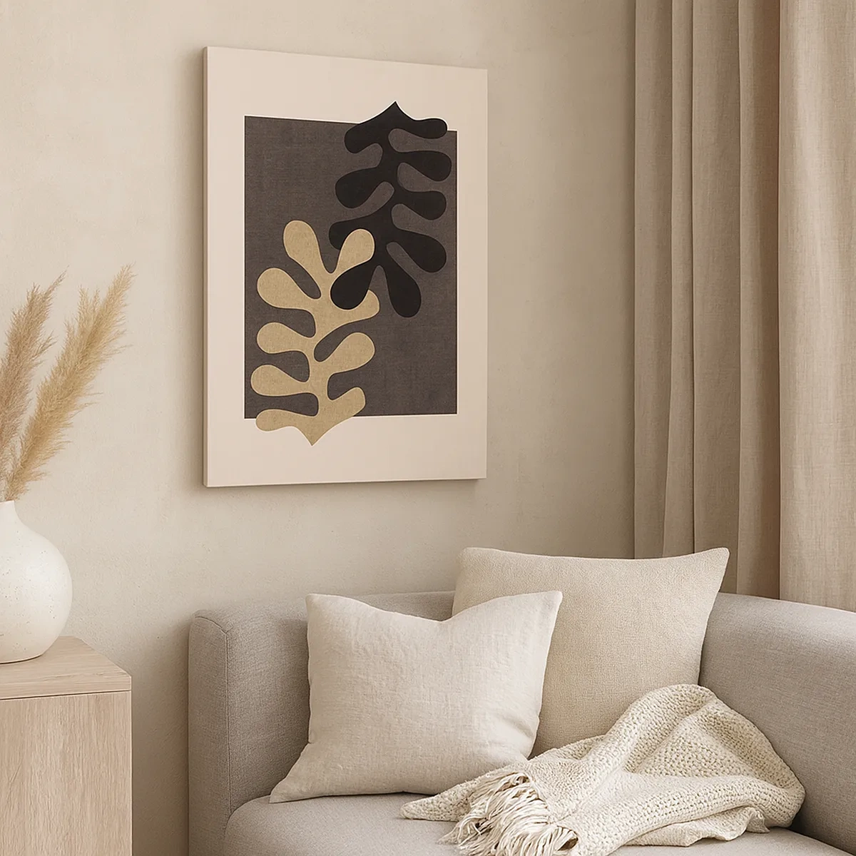 Impression sur toile - Image sur toile - Feuilles abstraites en noir et beige sur un fond rectangulaire - 50x70cm - Absence et complément - Décoration murale moderne pour le salon et la chambre ARTTOR
